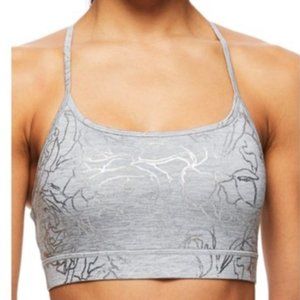 NWT GAIAM M strappy sports bra Rose Print metallic silver grey